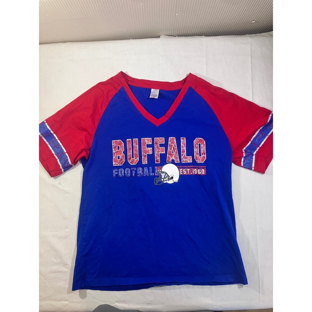 Buffalo Football Graphic T-Shirt Mens‎ Large Blue Red Raglan V-Neck Cotton Tee